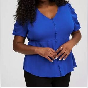 Torrid 6X Royal Blue Georgette Ruched Button Down Blouse